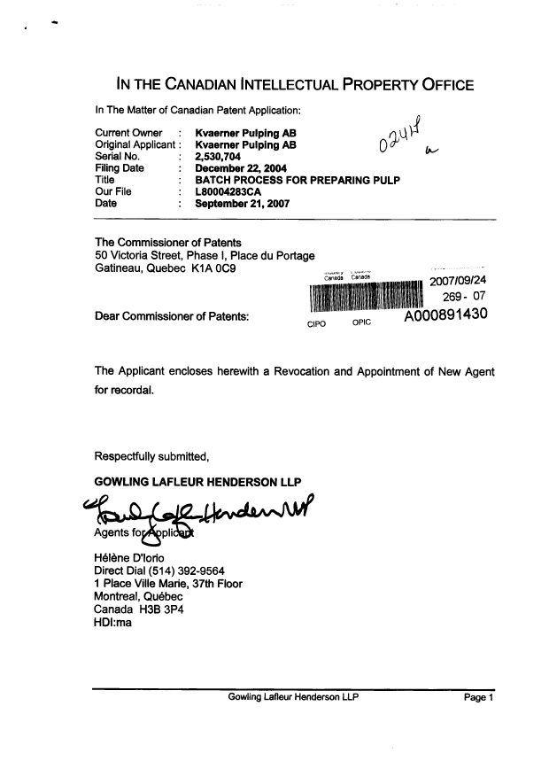 Canadian Patent Document 2530704. Correspondence 20061224. Image 1 of 3