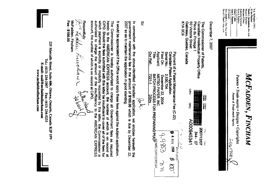 Canadian Patent Document 2530704. Fees 20071207. Image 1 of 1