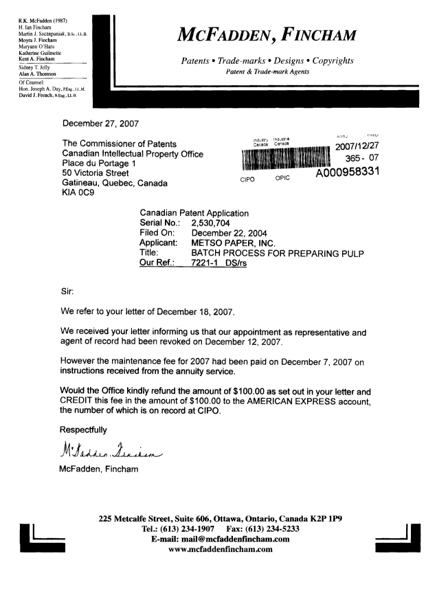 Canadian Patent Document 2530704. Correspondence 20071227. Image 1 of 1