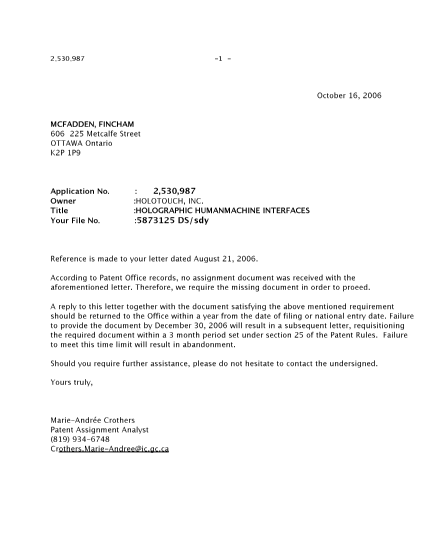 Canadian Patent Document 2530987. Correspondence 20051216. Image 1 of 1
