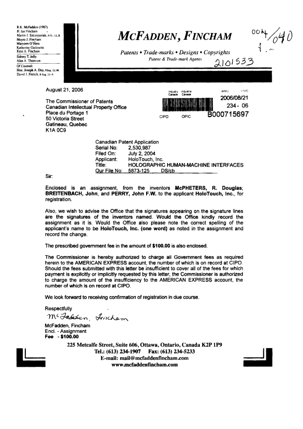 Canadian Patent Document 2530987. Correspondence 20060821. Image 1 of 1