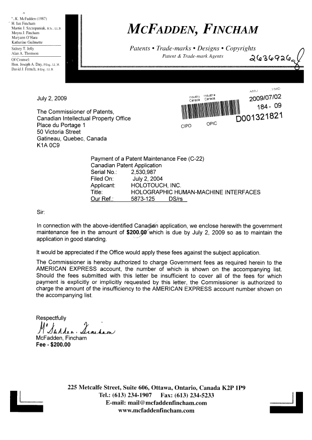 Document de brevet canadien 2530987. Taxes 20081202. Image 1 de 1