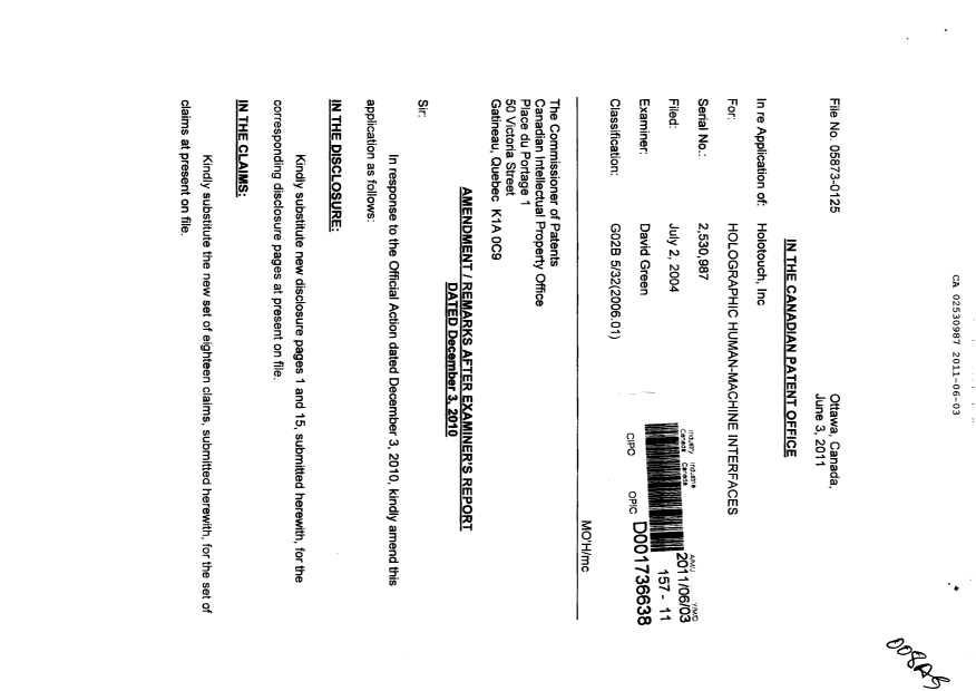 Document de brevet canadien 2530987. Poursuite-Amendment 20101203. Image 1 de 16