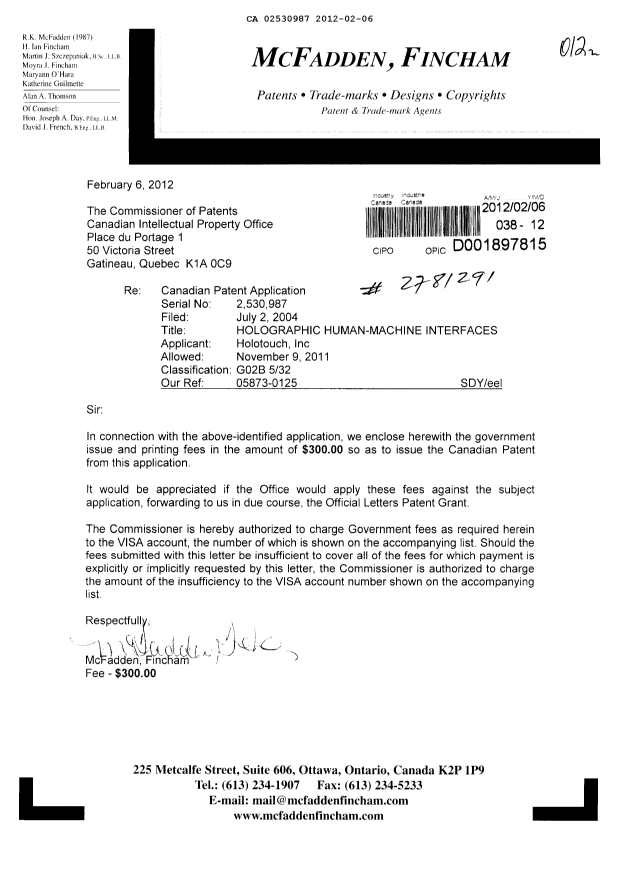 Canadian Patent Document 2530987. Correspondence 20111206. Image 1 of 1