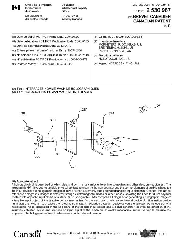 Canadian Patent Document 2530987. Cover Page 20111220. Image 1 of 1