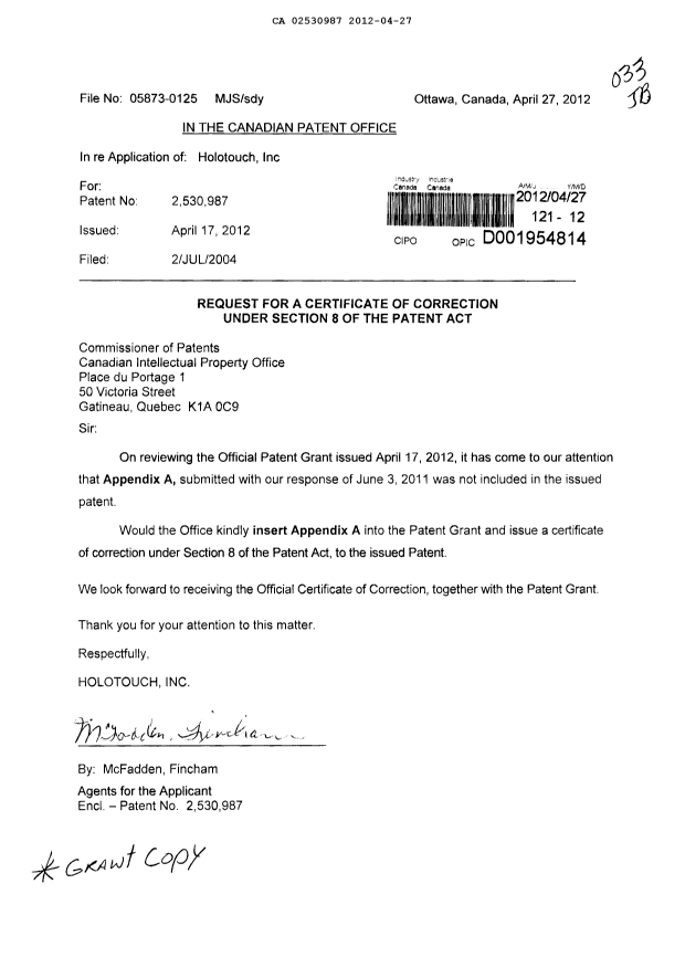 Canadian Patent Document 2530987. Correspondence 20120427. Image 1 of 1