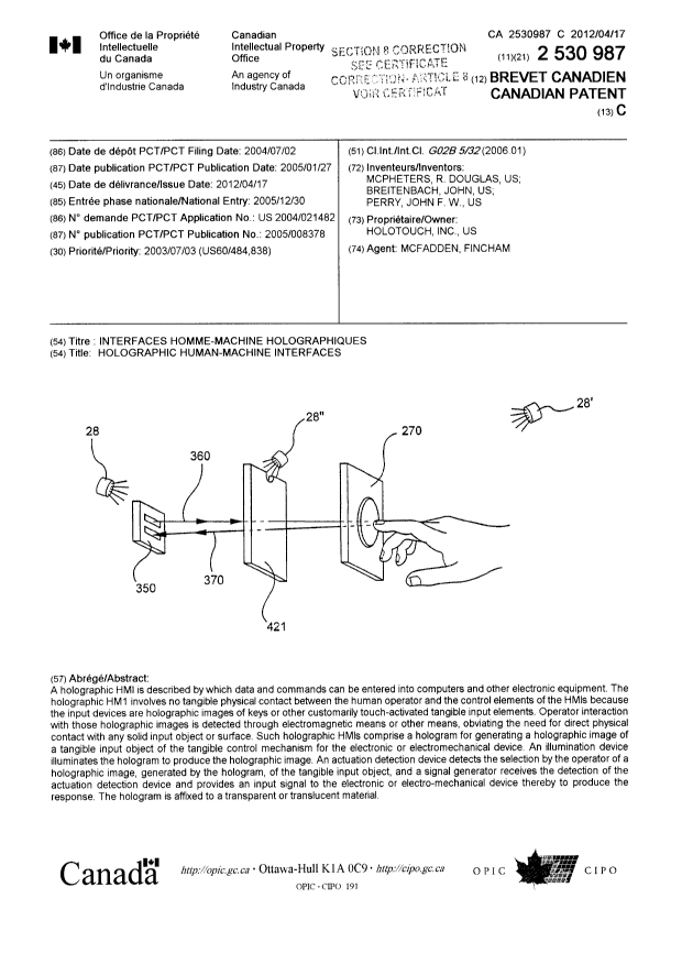 Canadian Patent Document 2530987. Cover Page 20121215. Image 1 of 14