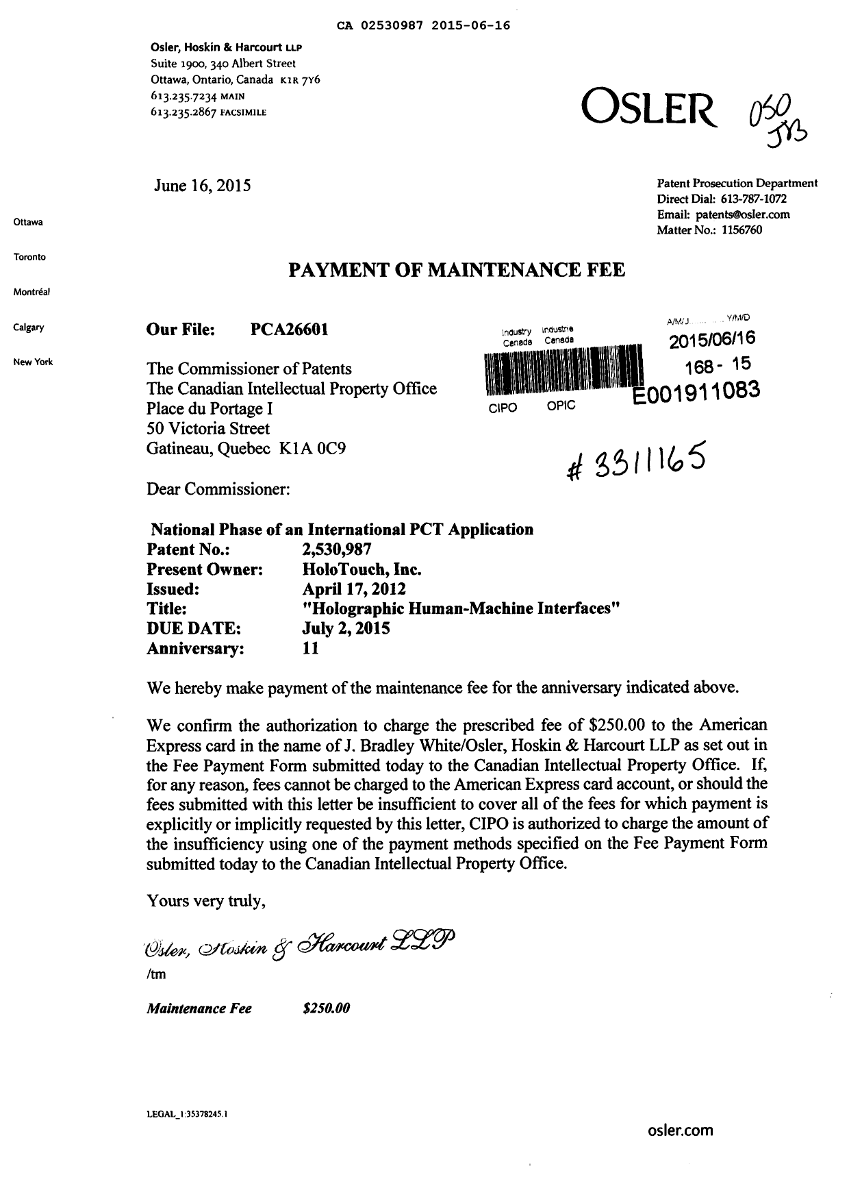 Document de brevet canadien 2530987. Taxes 20141216. Image 1 de 1