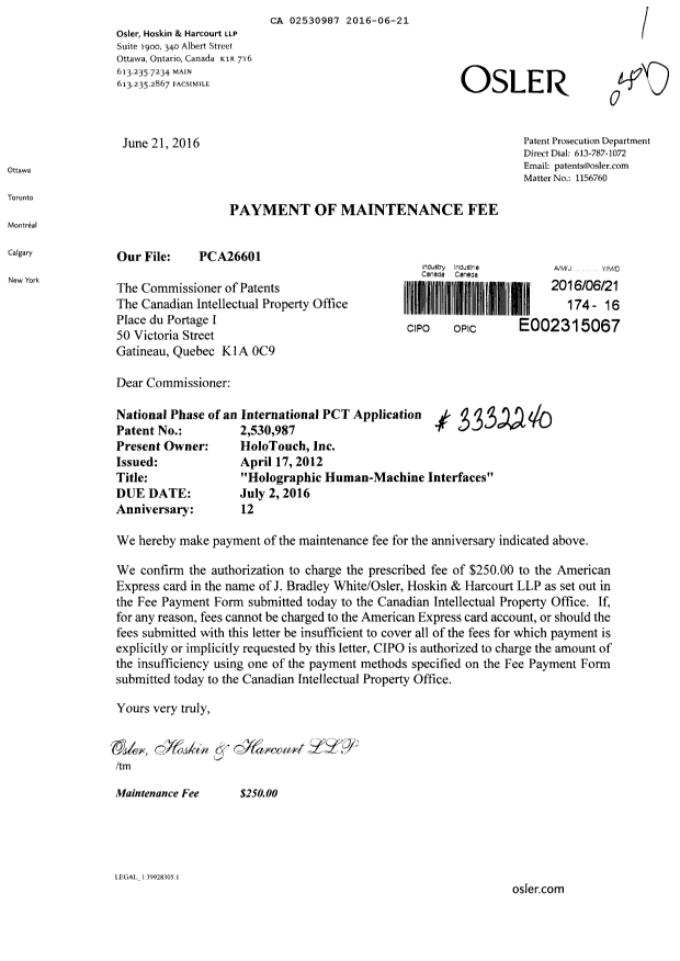 Canadian Patent Document 2530987. Maintenance Fee Payment 20160621. Image 1 of 1