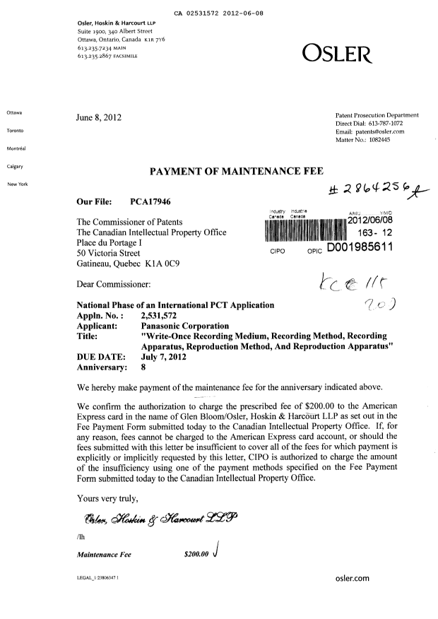 Document de brevet canadien 2531572. Taxes 20120608. Image 1 de 1