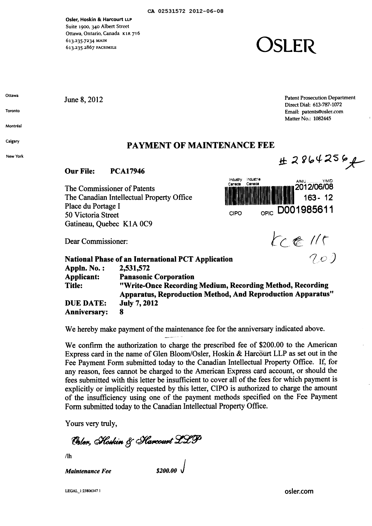 Canadian Patent Document 2531572. Fees 20120608. Image 1 of 1