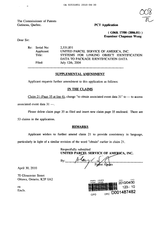 Canadian Patent Document 2531851. Prosecution-Amendment 20091230. Image 1 of 2