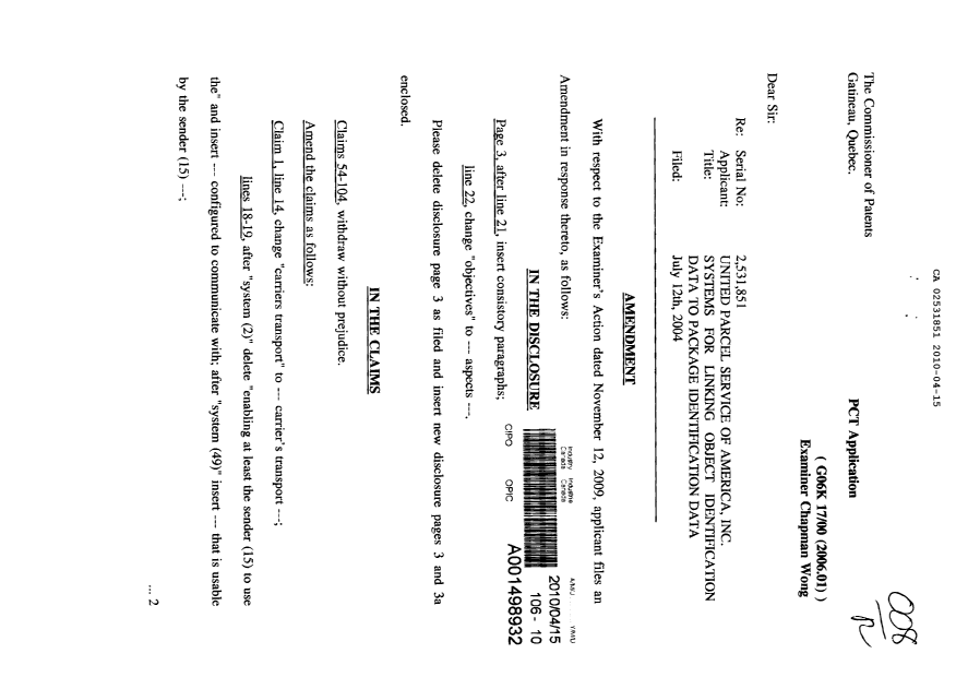 Canadian Patent Document 2531851. Prosecution-Amendment 20100415. Image 1 of 18