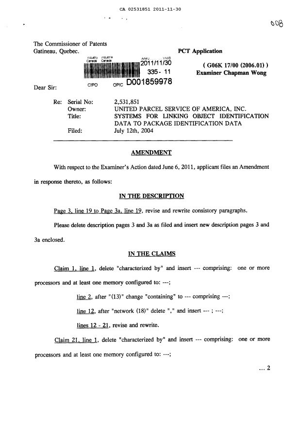 Canadian Patent Document 2531851. Prosecution-Amendment 20101230. Image 1 of 20