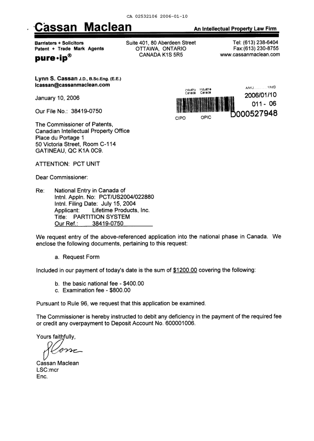 Document de brevet canadien 2532106. Cession 20060110. Image 1 de 3