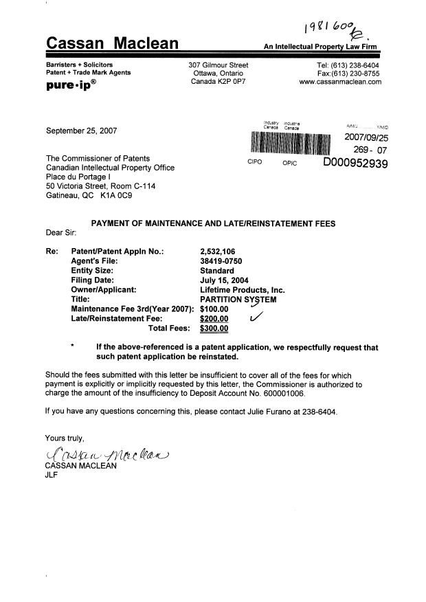 Document de brevet canadien 2532106. Taxes 20070925. Image 1 de 1