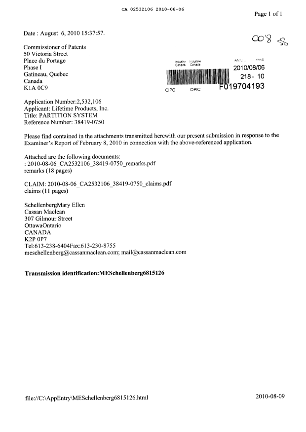 Canadian Patent Document 2532106. Prosecution-Amendment 20100806. Image 1 of 30