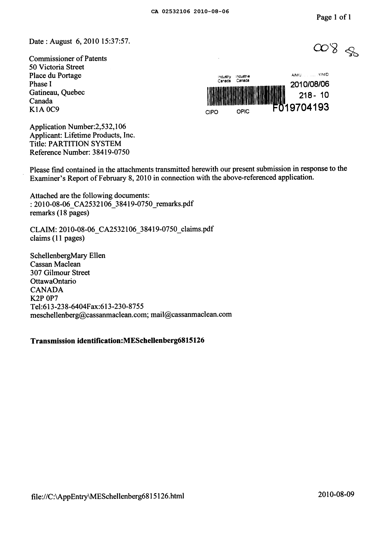 Canadian Patent Document 2532106. Prosecution-Amendment 20100806. Image 1 of 30