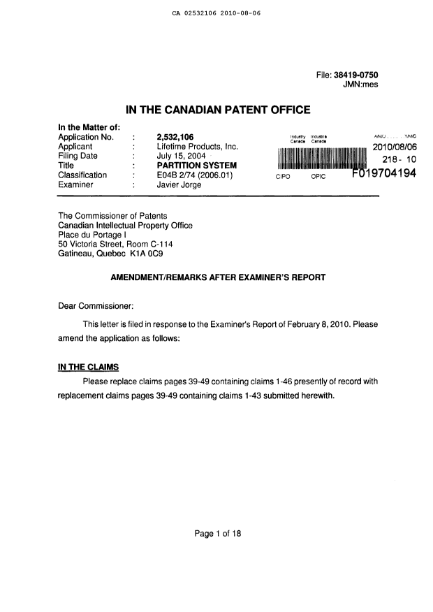 Canadian Patent Document 2532106. Prosecution-Amendment 20100806. Image 2 of 30