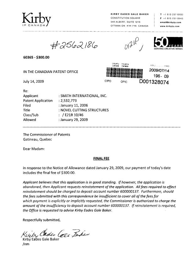 Document de brevet canadien 2532773. Correspondance 20090714. Image 1 de 1