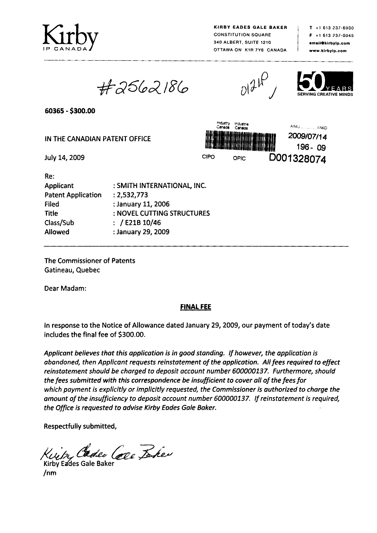 Canadian Patent Document 2532773. Correspondence 20090714. Image 1 of 1