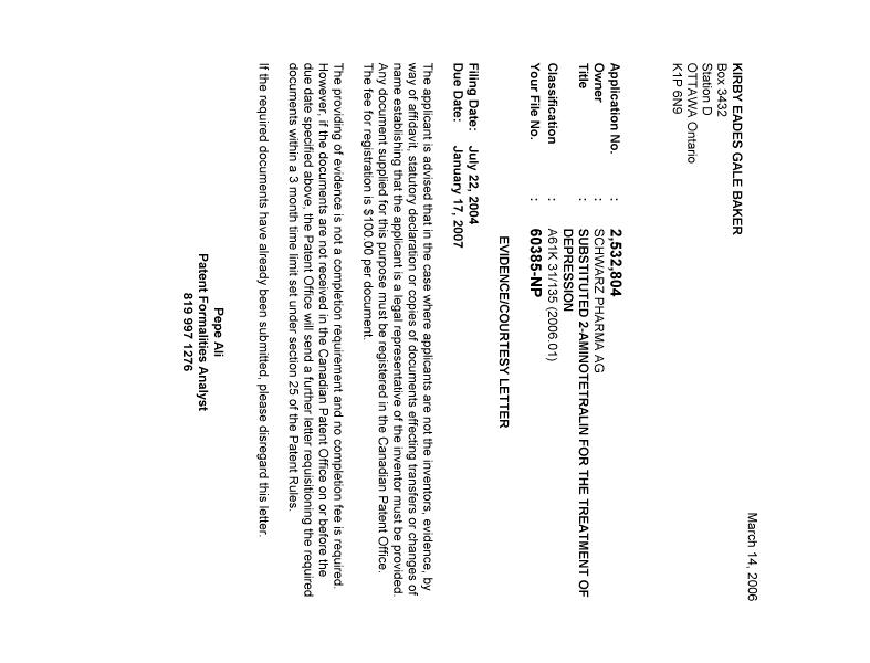 Canadian Patent Document 2532804. Correspondence 20060310. Image 1 of 1