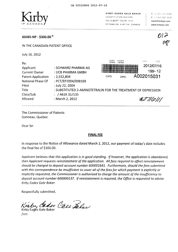 Document de brevet canadien 2532804. Correspondance 20120716. Image 1 de 1