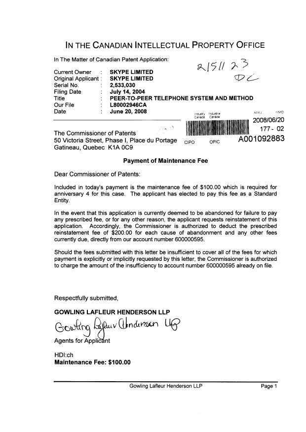 Document de brevet canadien 2533030. Taxes 20080620. Image 1 de 1