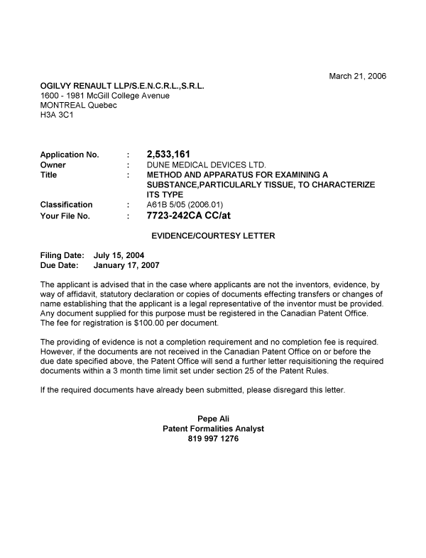 Canadian Patent Document 2533161. Correspondence 20051214. Image 1 of 1