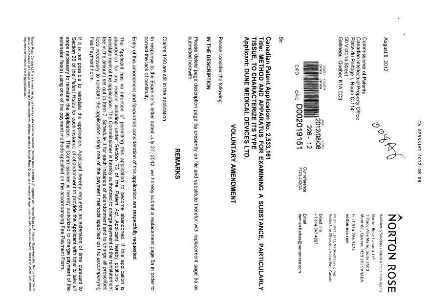 Canadian Patent Document 2533161. Prosecution-Amendment 20111208. Image 1 of 3