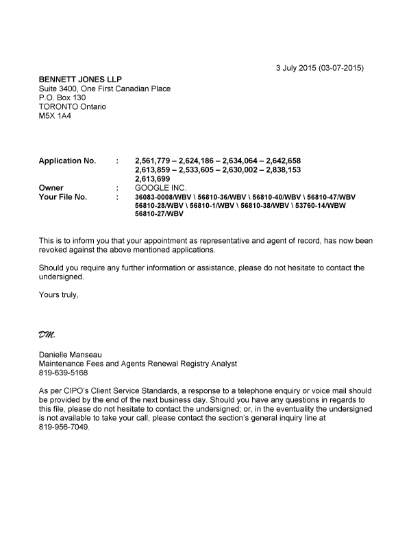 Document de brevet canadien 2533605. Correspondance 20150703. Image 1 de 1