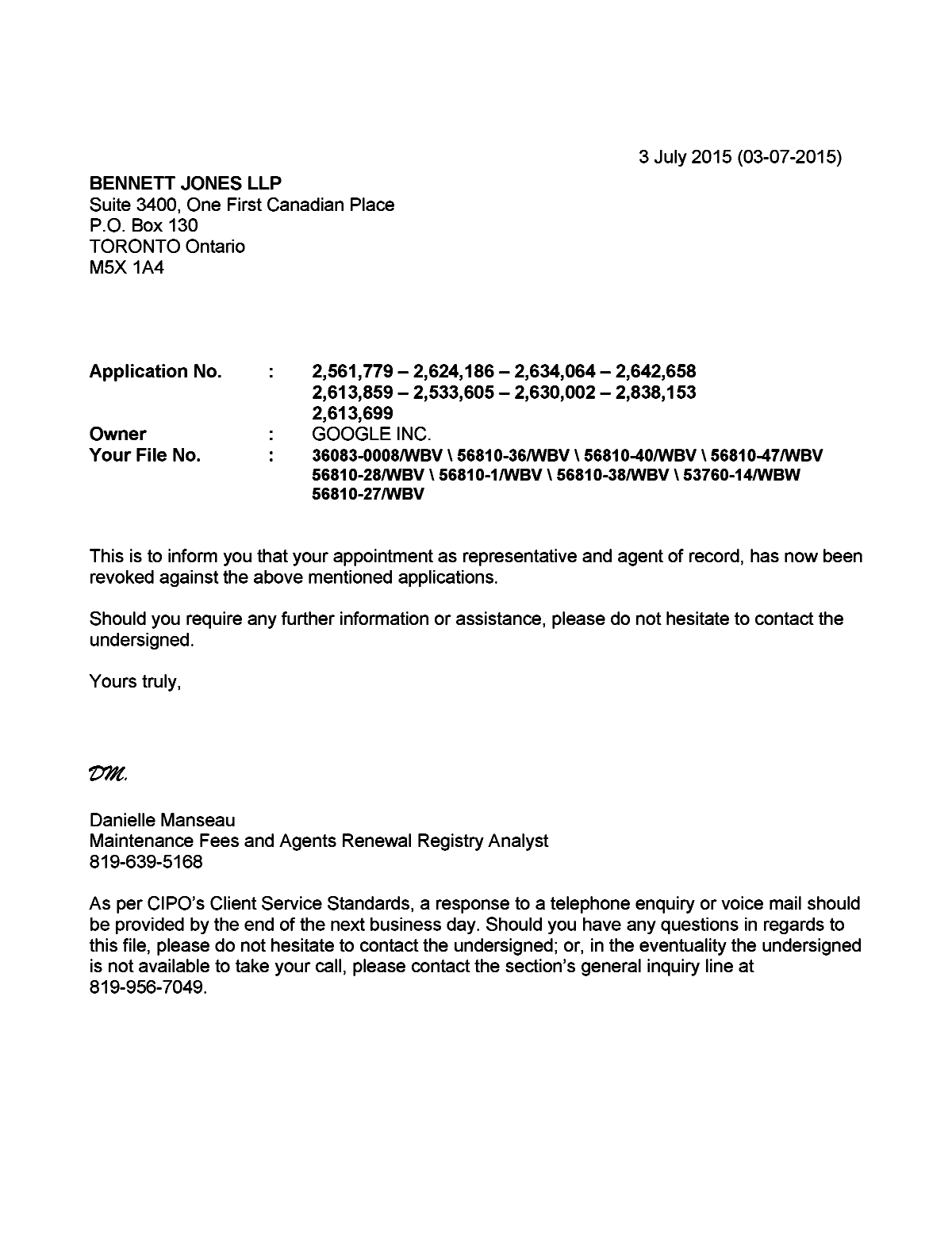 Canadian Patent Document 2533605. Correspondence 20150703. Image 1 of 1