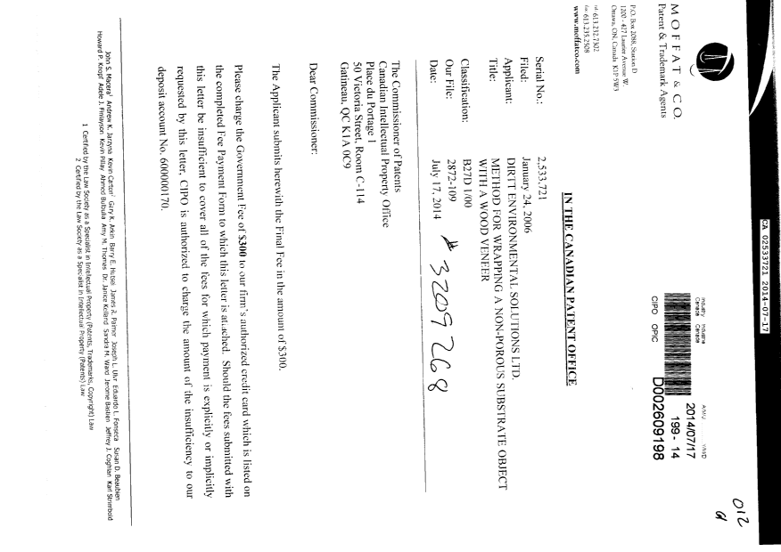 Canadian Patent Document 2533721. Correspondence 20140717. Image 1 of 2