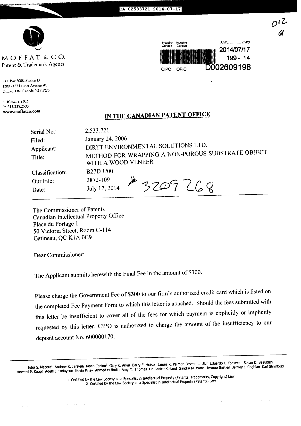 Canadian Patent Document 2533721. Correspondence 20140717. Image 1 of 2