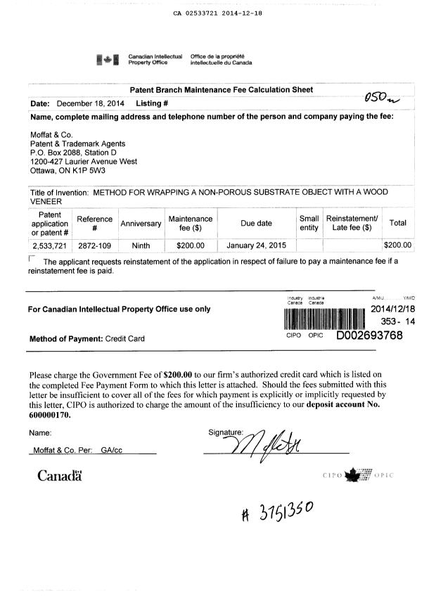 Document de brevet canadien 2533721. Taxes 20141218. Image 1 de 1