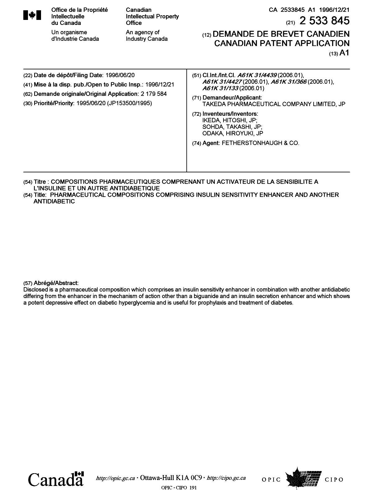Canadian Patent Document 2533845. Cover Page 20060413. Image 1 of 1
