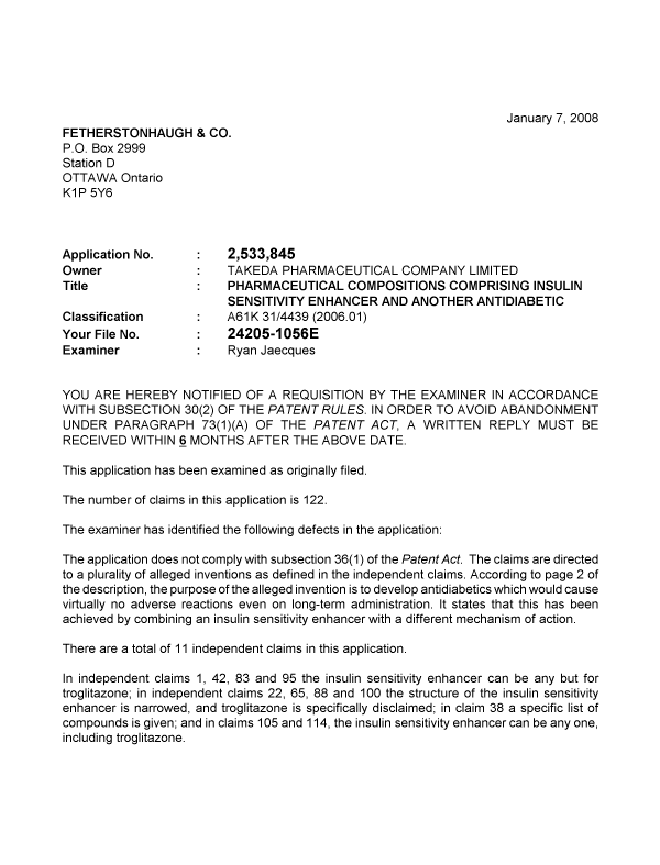 Canadian Patent Document 2533845. Prosecution-Amendment 20080107. Image 1 of 3