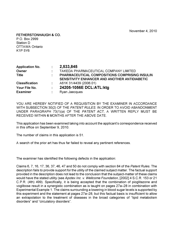 Canadian Patent Document 2533845. Prosecution-Amendment 20101104. Image 1 of 4