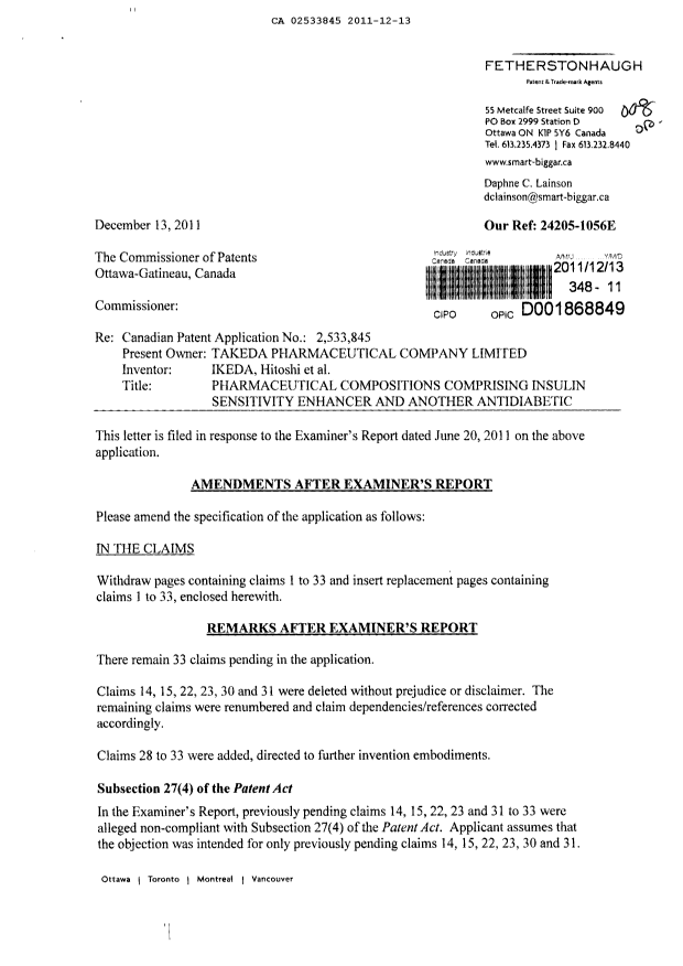 Canadian Patent Document 2533845. Prosecution-Amendment 20111213. Image 1 of 7