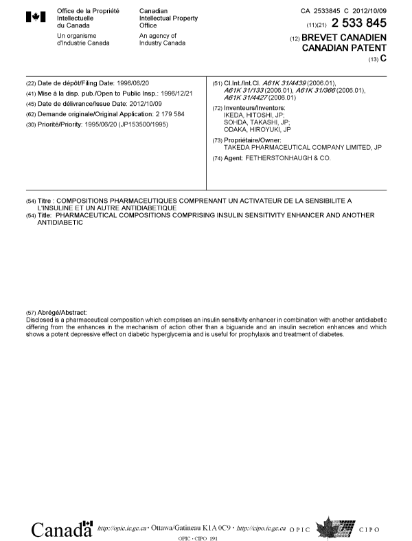 Canadian Patent Document 2533845. Cover Page 20120914. Image 1 of 1
