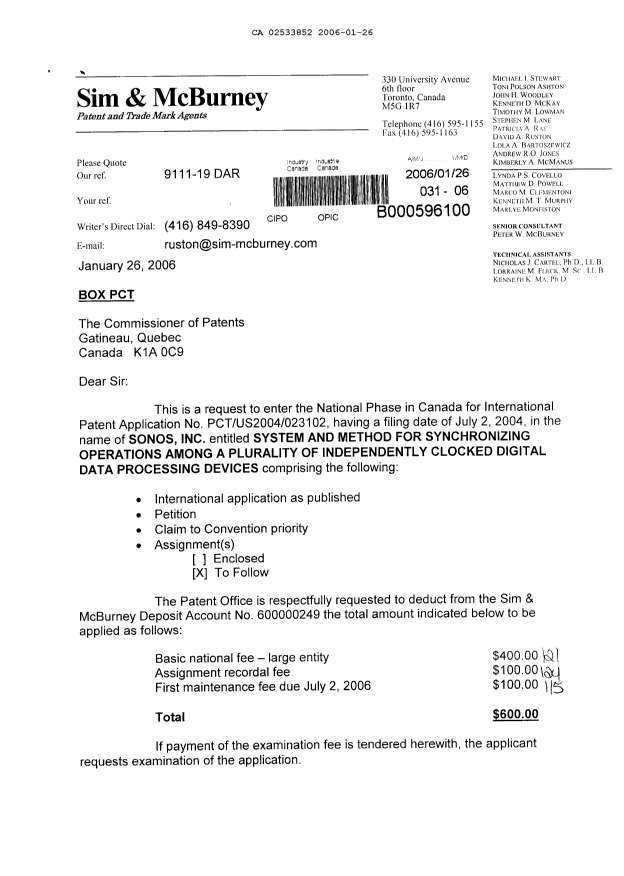 Document de brevet canadien 2533852. Cession 20060126. Image 1 de 3