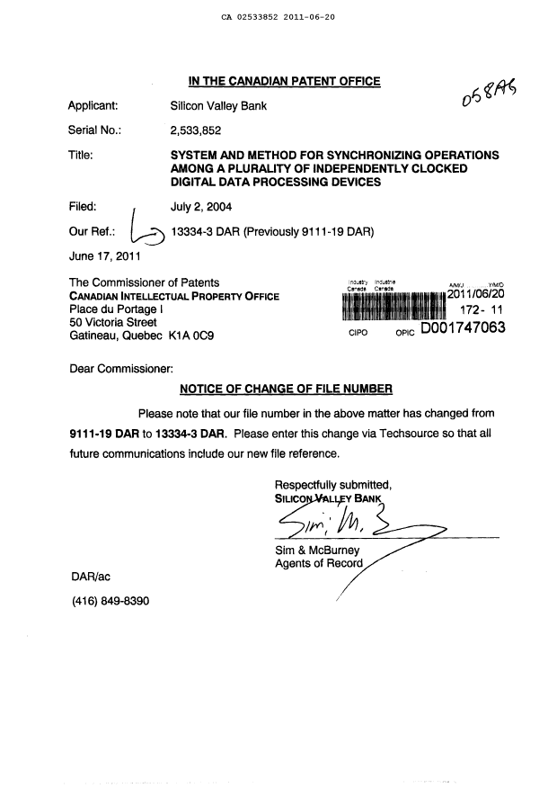 Document de brevet canadien 2533852. Correspondance 20110620. Image 1 de 1