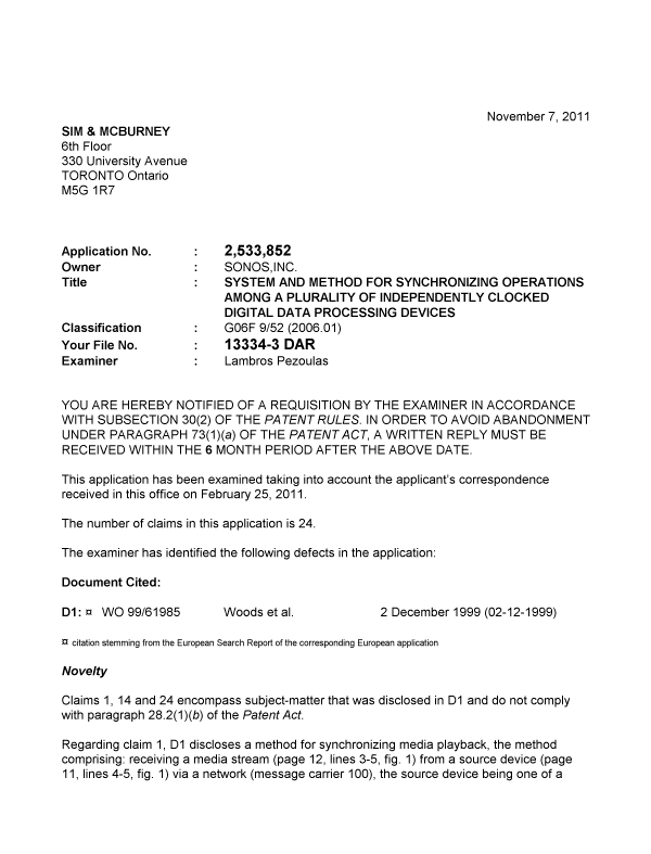 Document de brevet canadien 2533852. Poursuite-Amendment 20111107. Image 1 de 3