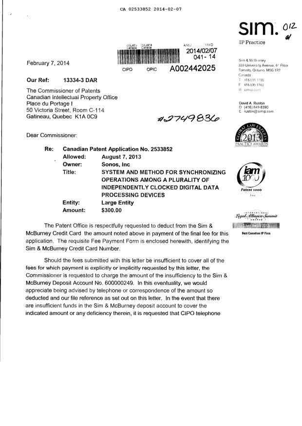 Document de brevet canadien 2533852. Correspondance 20140207. Image 1 de 2