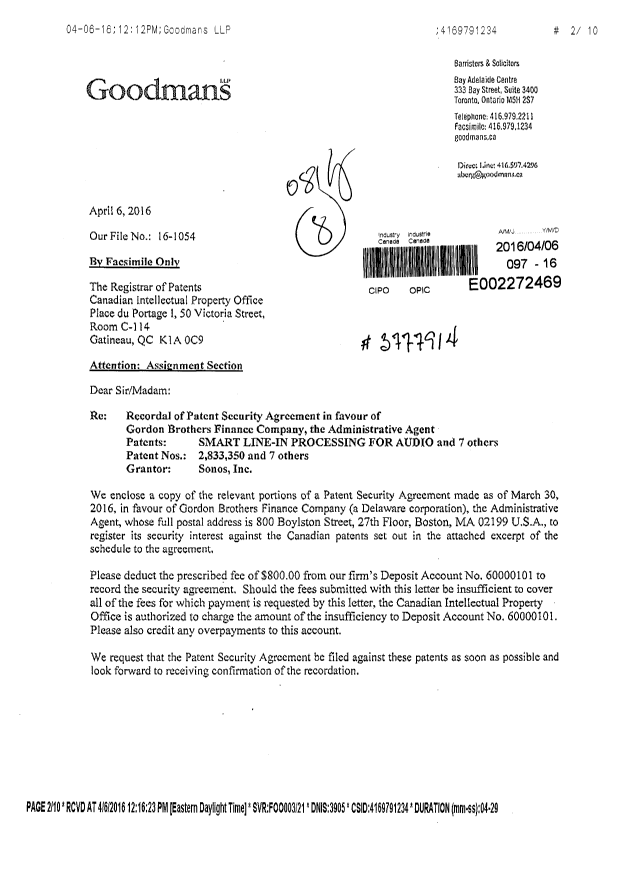 Document de brevet canadien 2533852. Cession 20160406. Image 1 de 10