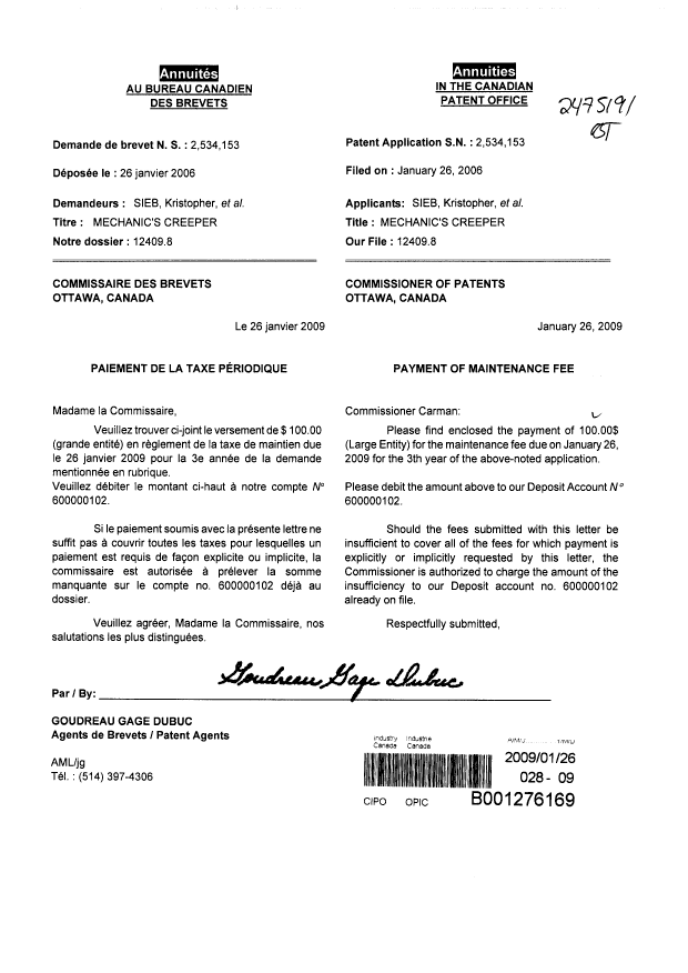 Canadian Patent Document 2534153. Fees 20090126. Image 1 of 1
