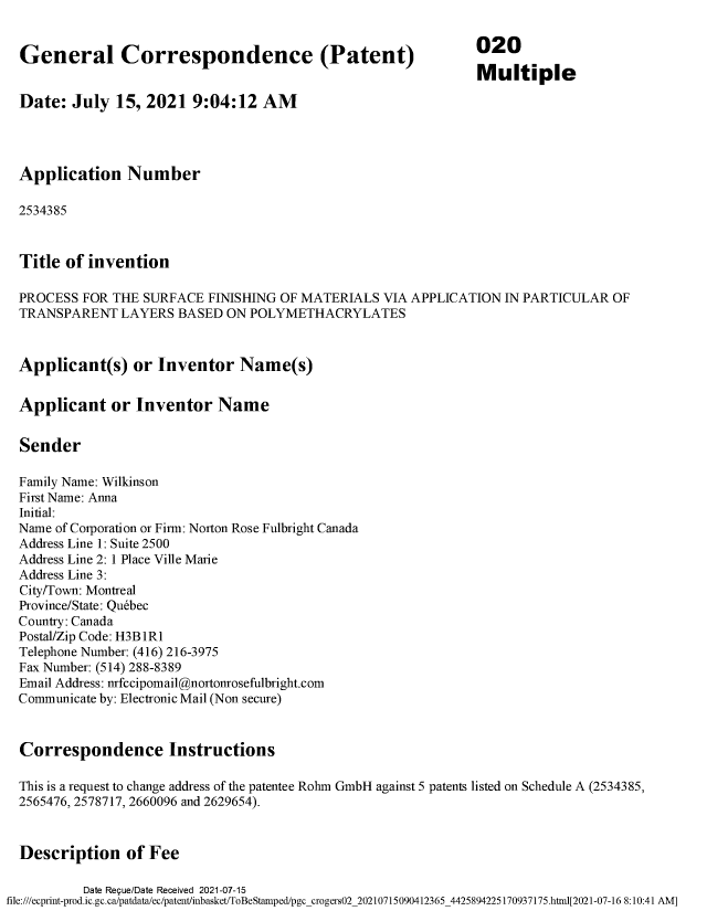 Document de brevet canadien 2534385. Correspondance reliée aux formalités 20210715. Image 1 de 5