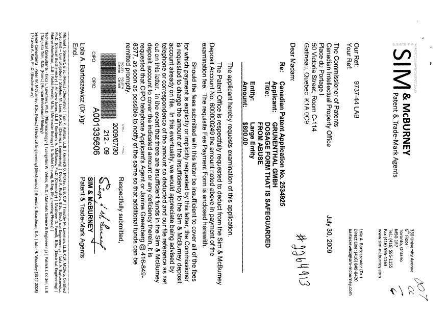 Canadian Patent Document 2534925. Prosecution-Amendment 20090730. Image 1 of 1