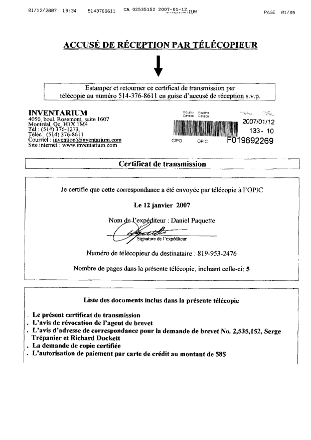Document de brevet canadien 2535152. Correspondance 20070112. Image 1 de 5