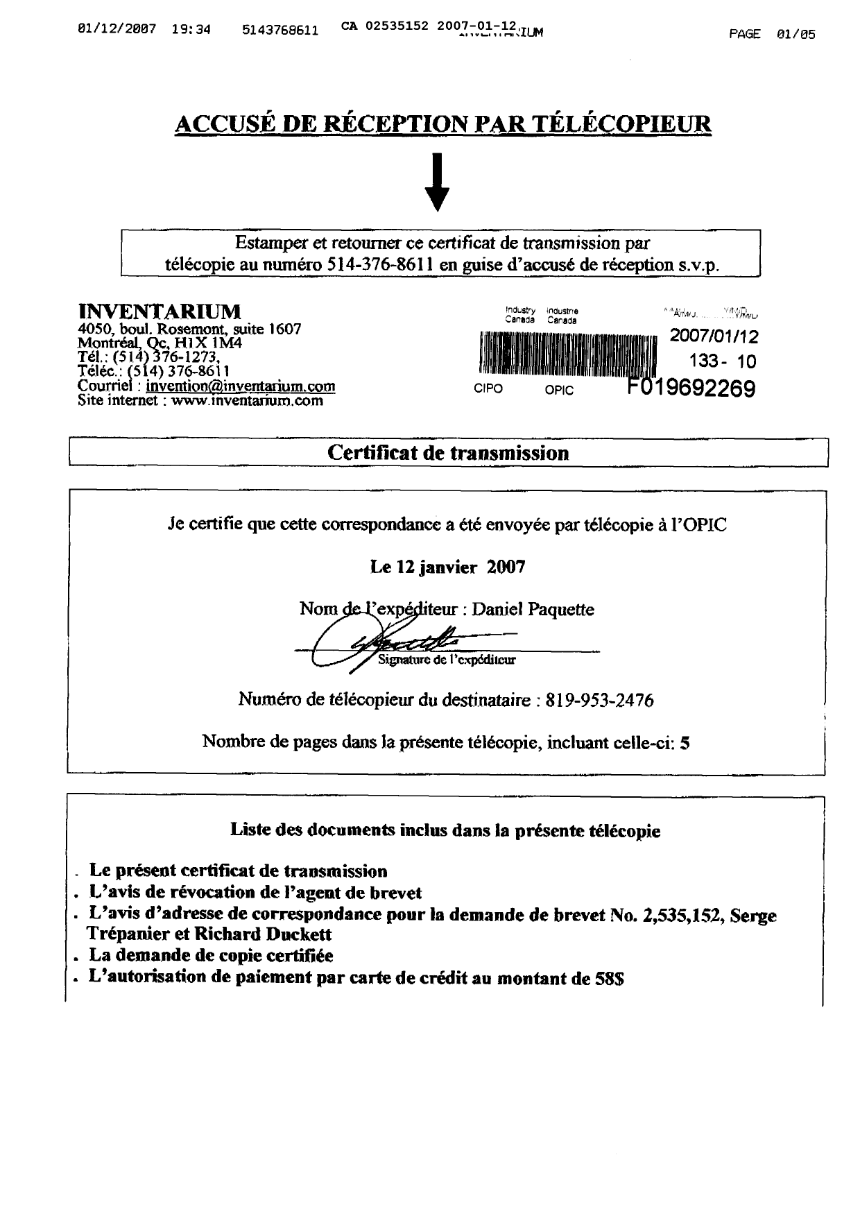 Document de brevet canadien 2535152. Correspondance 20070112. Image 1 de 5